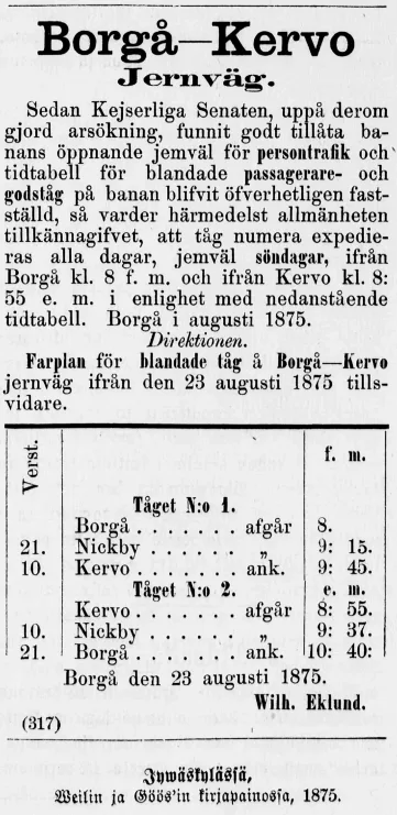 Ilmoitus Keski-Suomi -lehdessä 4.9.1875.